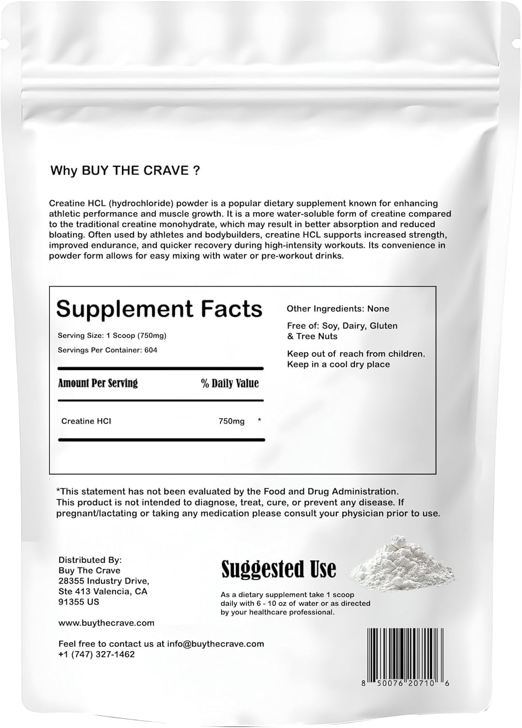 Buy The Crave Creatine HCL Powder, 16 oz – 1 Ingredient, Energy & Athletic Performance Support, 604 Servings