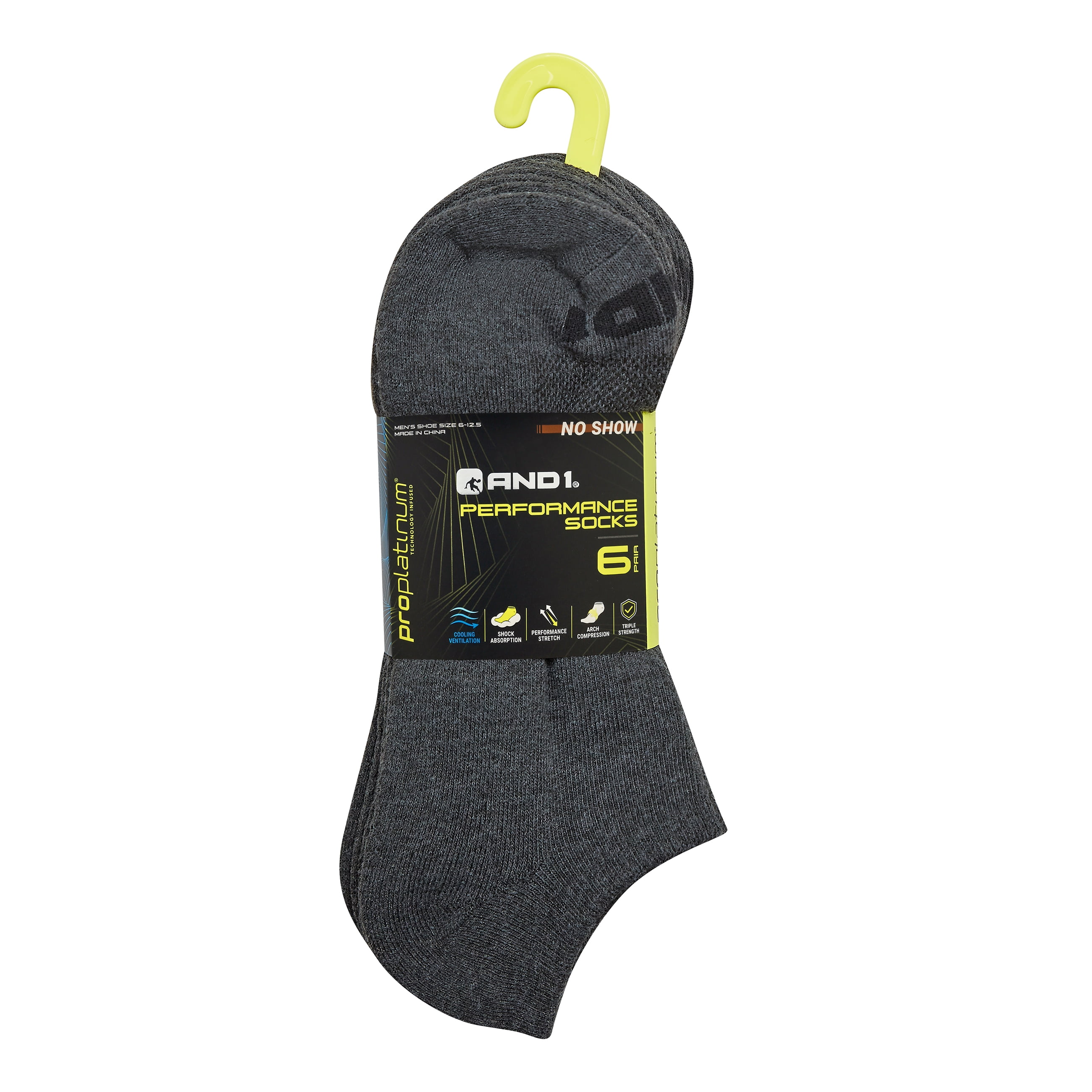 AND1 Men's Socks, Performance Cushion No Show Socks, 6-Pack
