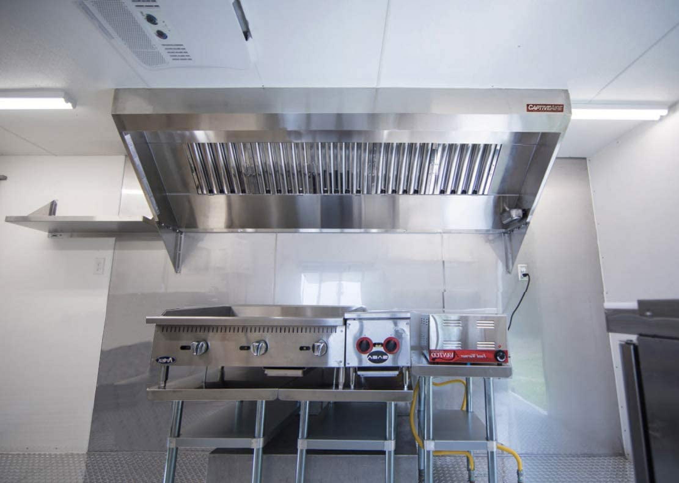 CAPTIVE-AIRE Food Truck Low Profile Exhaust Hood System Includes a stainless steel exhaust hood, an exhaust fan, an adjustable duct section, and installation hardware (4' Long Hood & Fan)