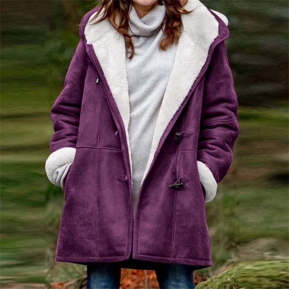 JURANMO Women Fleece Lined Jacket Clearance Sale,Womens 2024 Winter Warm Plush Suede Leather Jackets with Horn Buttons Trendy Solid Color Outwear with Hooded Classic Long Sleeve Coats with Pockets