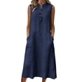 thumbnail image 3 of CFLVAEK Cotton Linen Dresses for Women with Pockets Casual Sleeveless Sundress Button V Neck Midi Sundress for Vacation Beach Navy XL, 3 of 8
