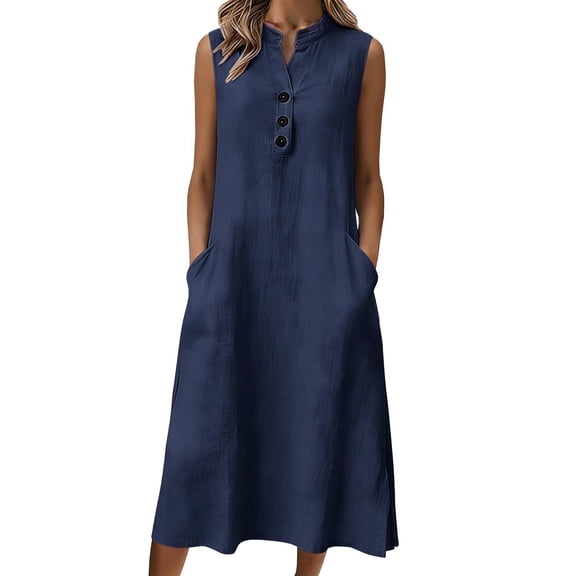 Daiosportswear Women Summer Casual Dress Sleeveless Midi Tank Sundress with Pockets V Neck 3 Buttons Pleated A Line Tshirt Dress,Women'S Short-Sleeved Dresssundress Navy L(L)