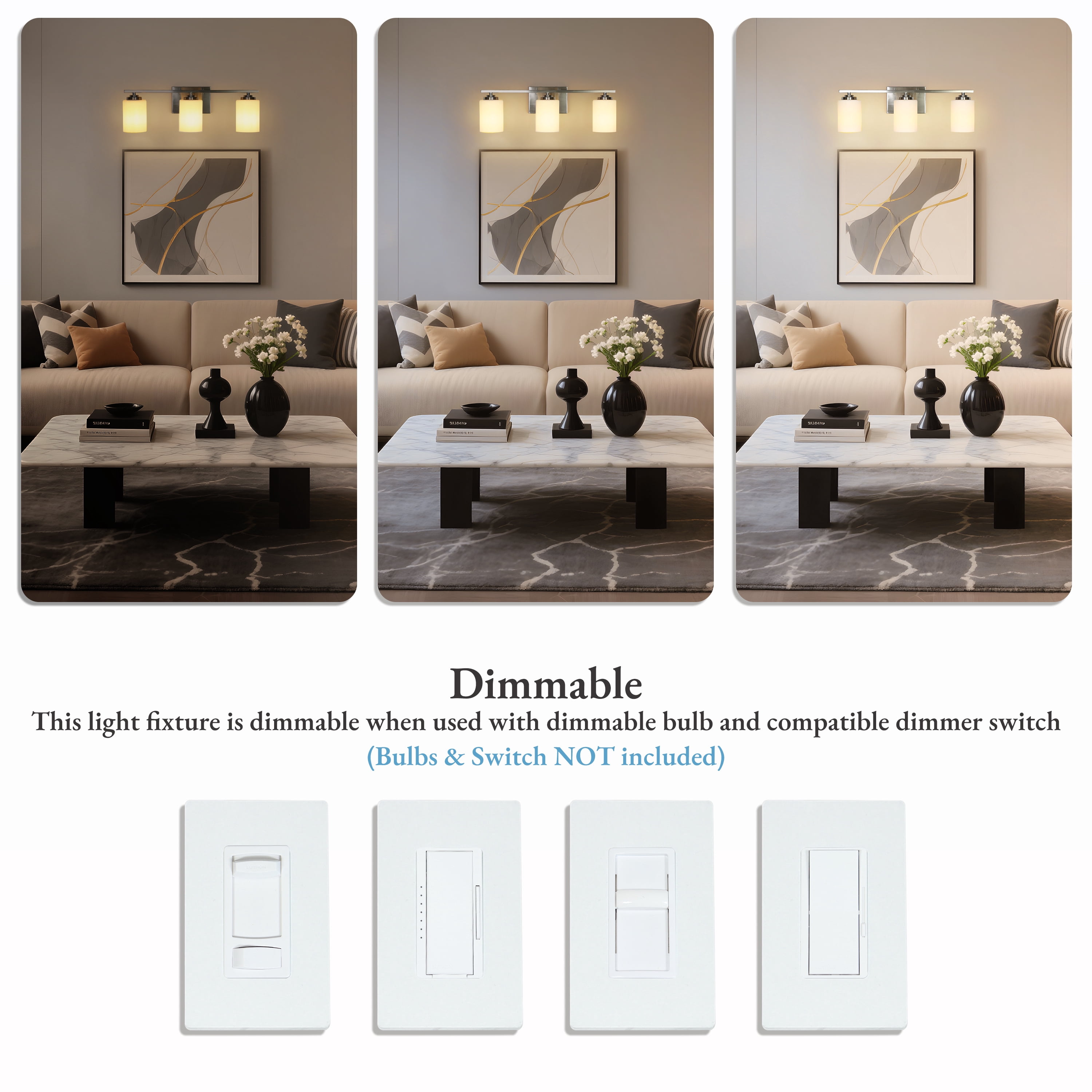 LNC 3-Light Bathroom Vanity Fixture with White Frosted Glass Shades, Brushed Nickel Finish