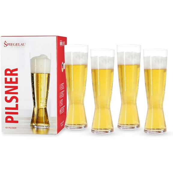 Set de 4 vasos Cerveceros Elaborados de Cristal, Colección Pilsner, Acabado Transparente, Diseño Minimalista Decorativo, Base Delgada con Caja de Regalo