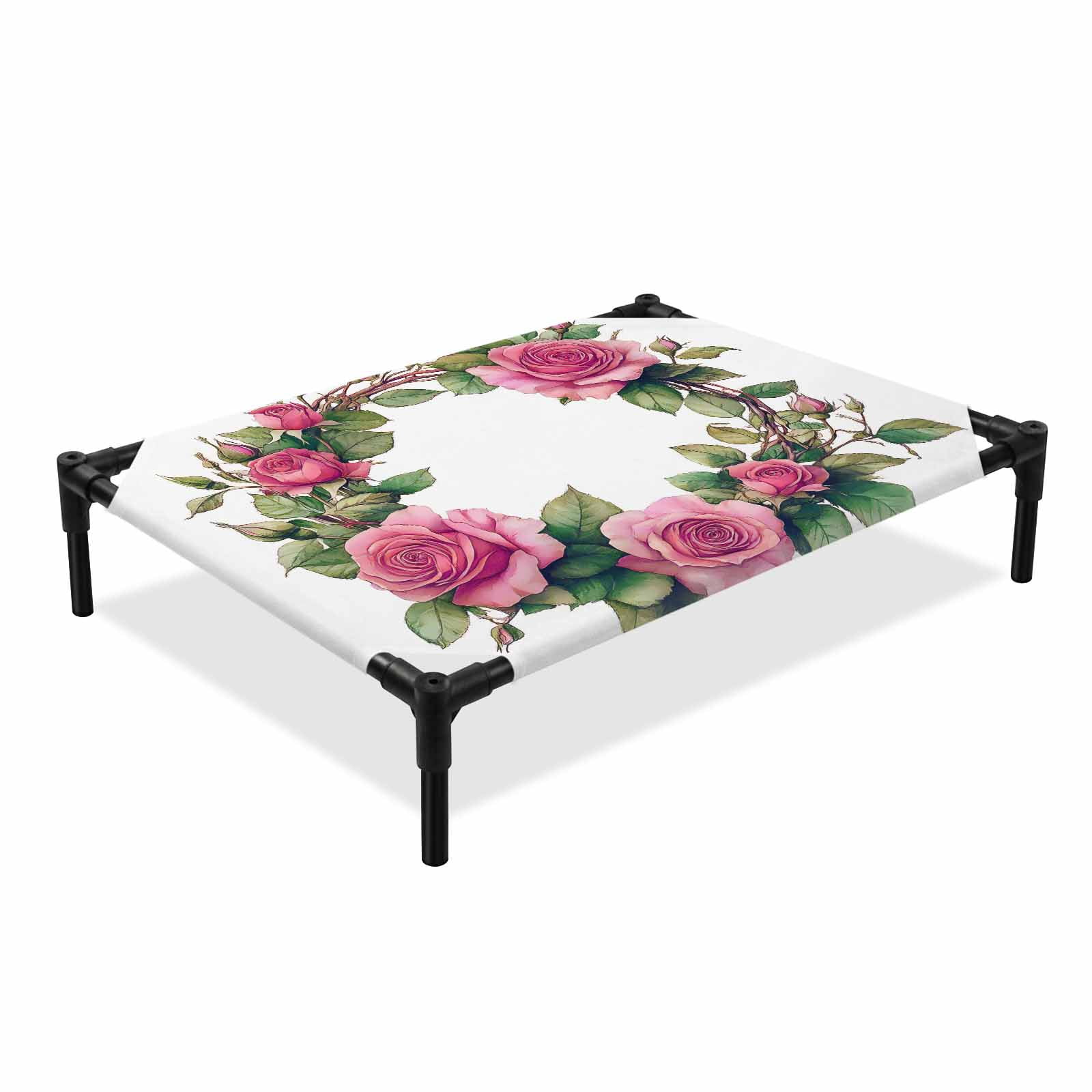 Spring Rose Elevated Dog Bed Watercolor Flower Cooling Breathable Outdoor Raised Dog Cot Bed with Metal Frame Non-Slip Feet for Large Dog 28x22in
