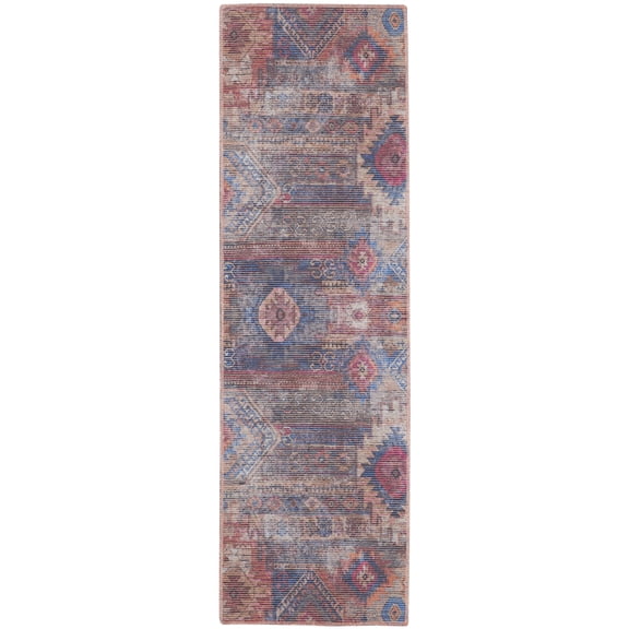 2' X 6' Red And Blue Southwestern Power Loom Distressed Washable Runner Rug