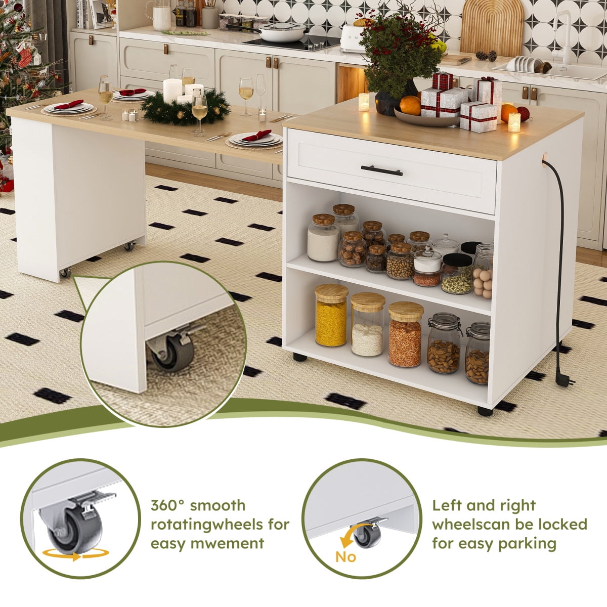 80" Kitchen Island with Extendable Dining Table, Rolling Kitchen Table with Power Outlet, Kitchen Storage Cart with Cabinet & 2 Drawers, White