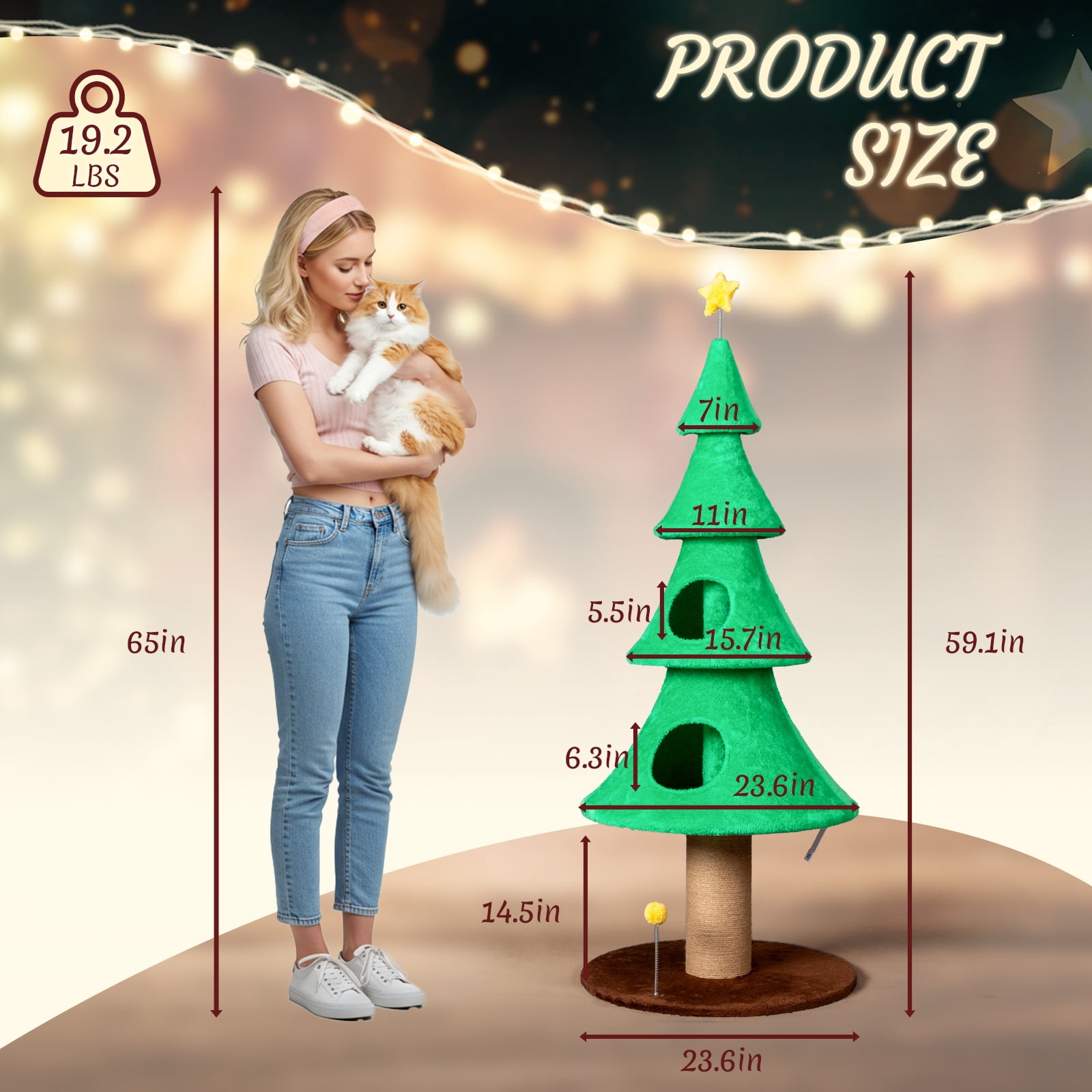 Ktaxon 59in Large Christmas Tree Cat Tower with 2 Condos, Scratching Post, Soft Fleece, Teaser Toy & Sturdy Base, Green