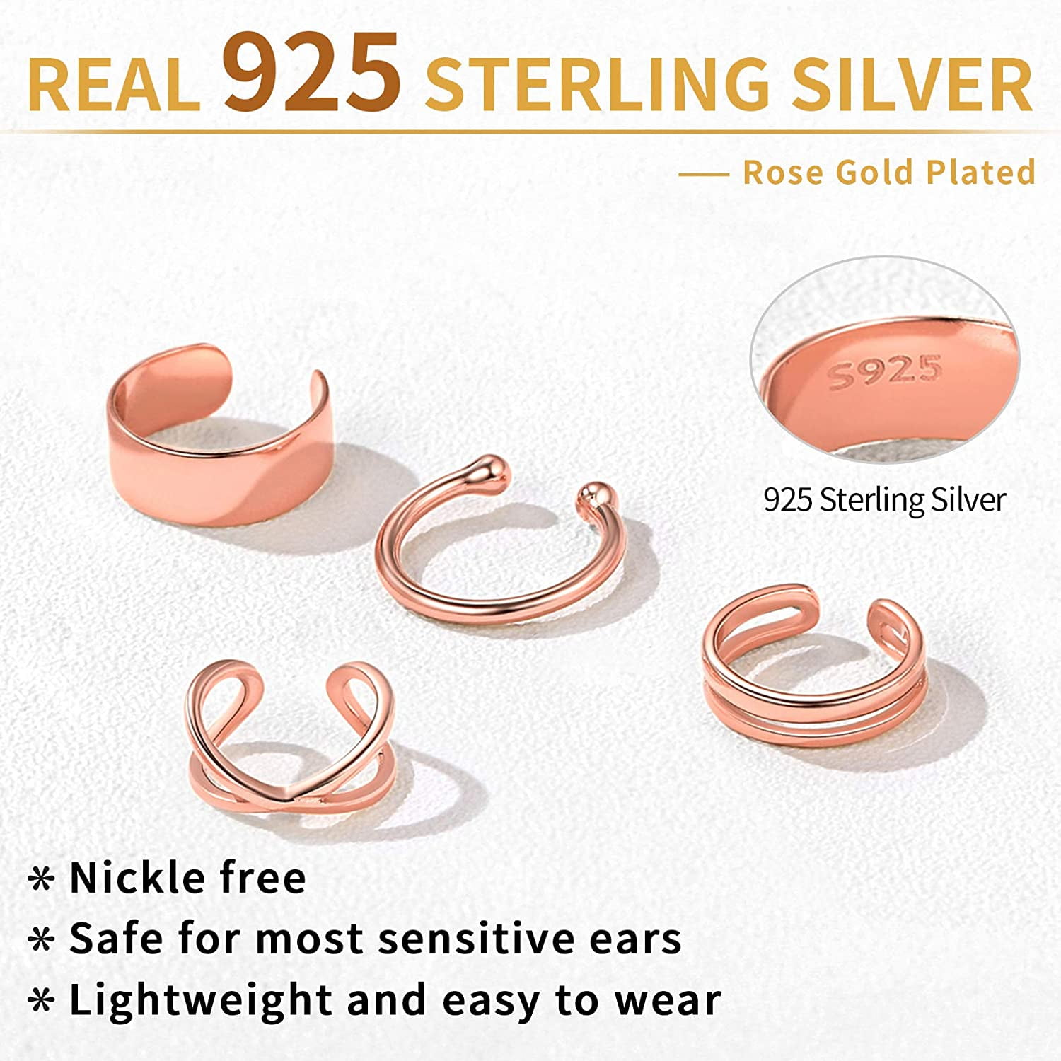 ChicSilver 4 PCS S925 Sterling Silver Criss Cross Ear Clips Non Piercing Earrings Sets Ear Cuff Cartilage Earring for Women(Rose Gold) | Clearance