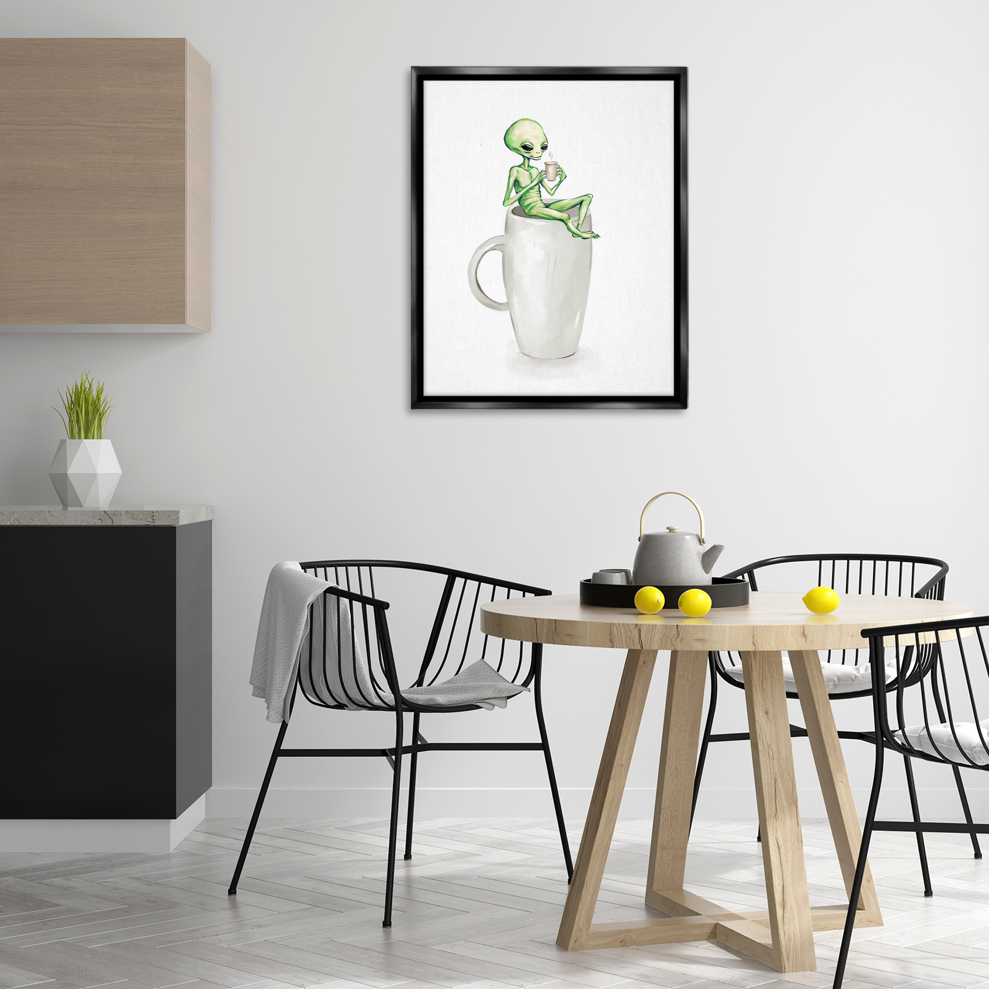 Stupell Industries Alien & Coffee Mug Food & Beverage Painting Black Floater Framed Art Print Wall Art, 25 x 31