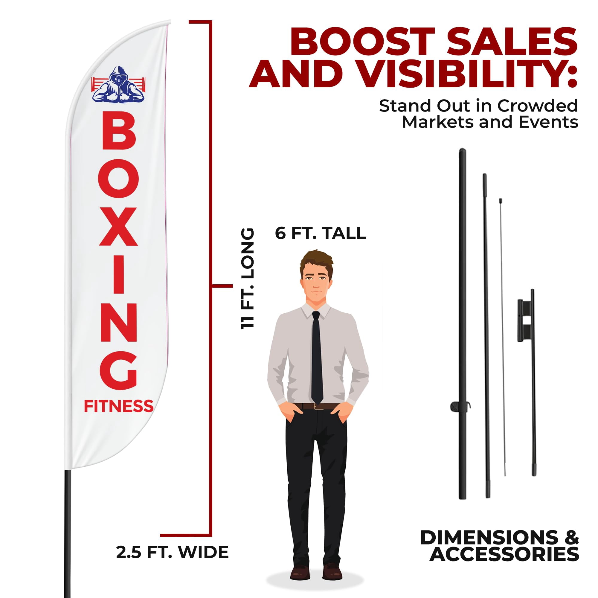 Boxing Fitness Sign feather flag Pole Kit for Outdoor by Mavis Printing|15 FEET Long Polyester Outdoor Banner Flag Stand Easy Hang|HD Print Swooper Flag Pole Mount to Advertise Boxing Fitness