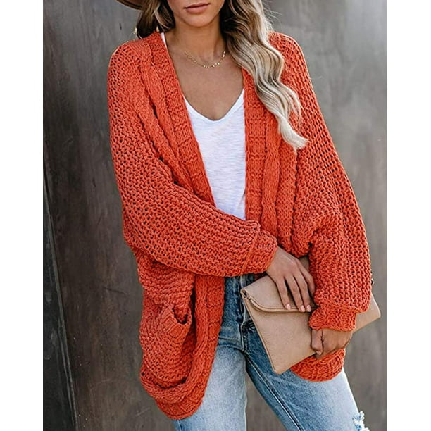 Women Open Front Long Sleeve Chunky Knit Cardigan Sweaters Outwear with Pockets