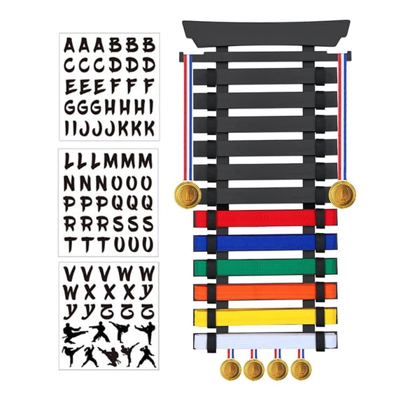 12 Belts Karate Belt Display Rack, Bamboo Wood, Medal Hangers - Taekwondo Belt Display, Jiu , BJJ, Martial Arts