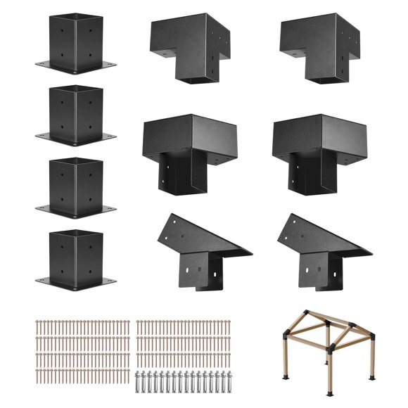 VEVOR Pergola Kit, 4x4 Inch Pointed-Roof Pergola Brackets for 3.5x3.5 In Lumbers in Actual Size, 3-Way / 4-Way Gazebo Bracket with Post Bases & Ridge Brackets for Outdoor Pergolas Gazebo Shed, 14 Pcs