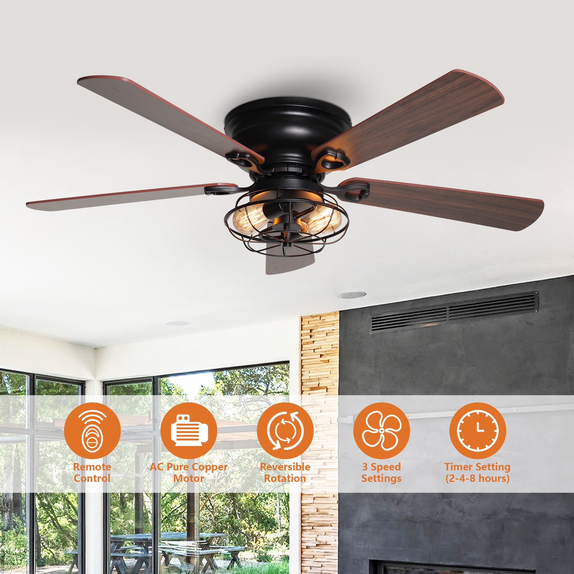 Parrot Uncle 48" Farmhouse Flush Mount Caged Ceiling Fan with Remote Control and Light Kit, Low-Profile Chandelier Ceiling Fan