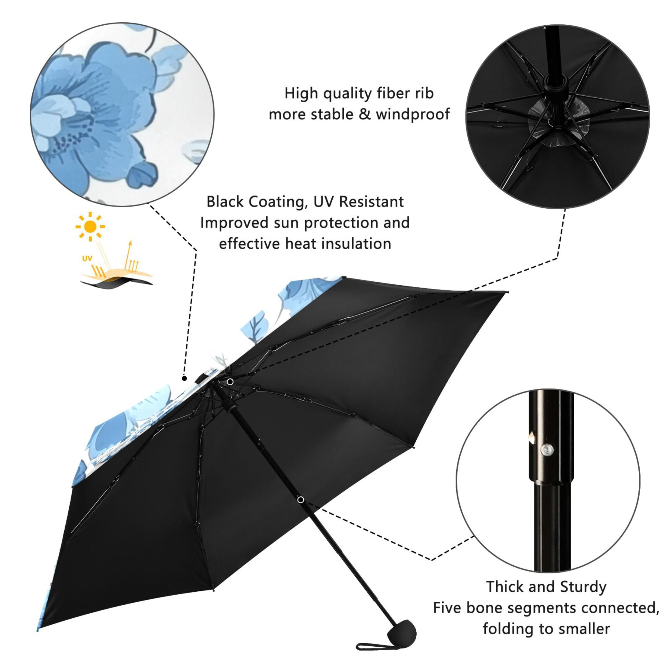 Blue Floral Pattern Umbrellas for Sun Auto Open Close UV50+ Waterproof 5-Fold Compact Fiberglass Frame
