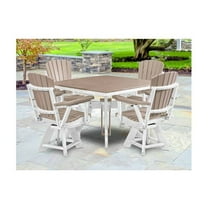 HomeStock Weatherwood Five Piece Square Dining Height Set with White Base, Heavy Duty High Density Polyethylene Plastic and Classic Fan Back Swivel Chairs