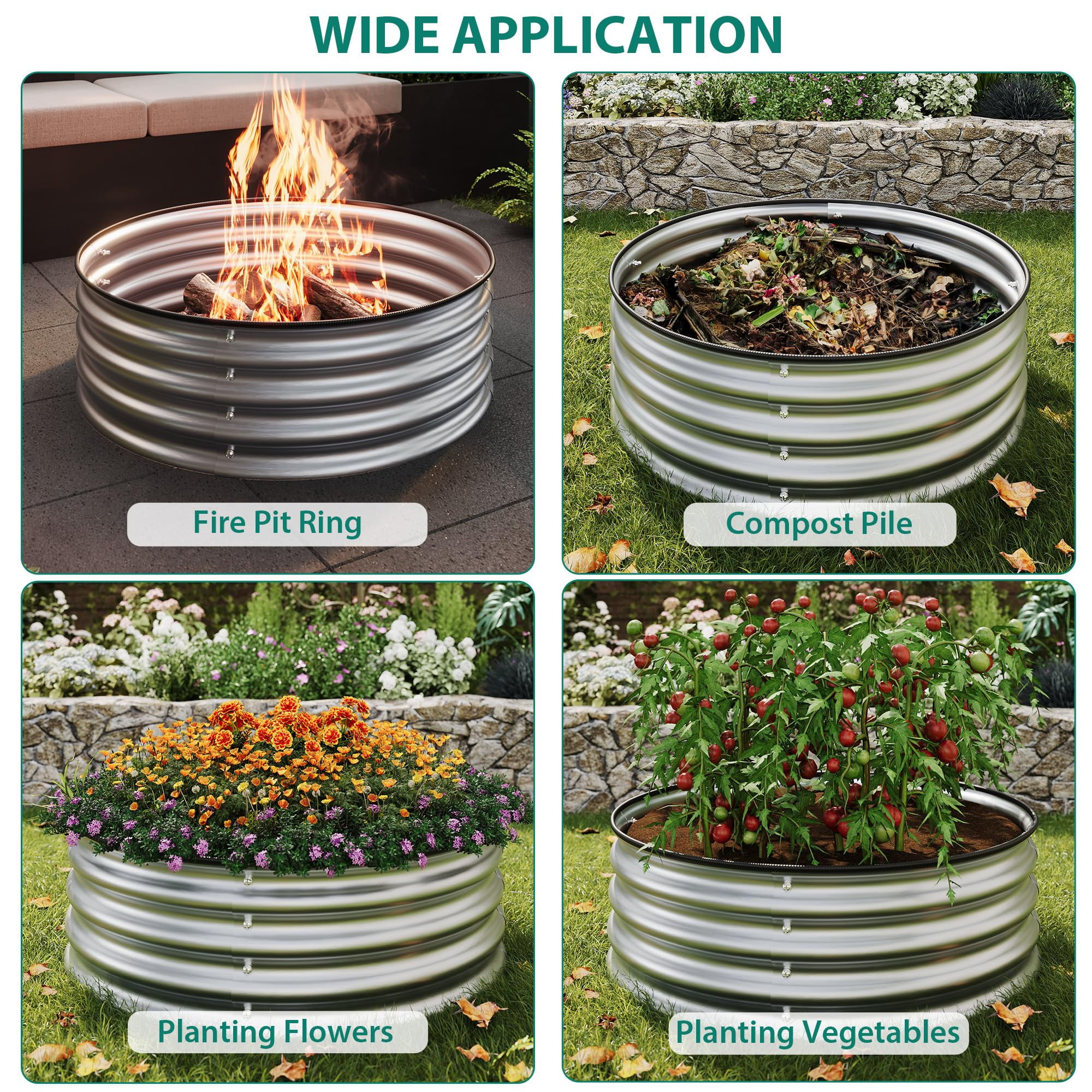 SOLLED 2 Pack Round Raised Garden Bed 2ft x 1.5ft, Galvanized Metal Planter Boxes with Rubber Edging, Open Bottom for Vegetables Flowers Herbs,Silver