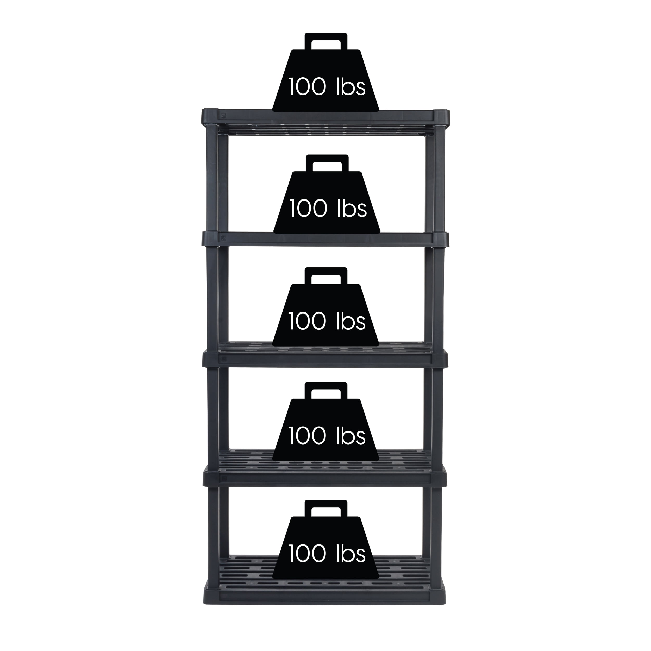 IRIS 5-Tier Plastic Storage Shelves, 73" H x 17" W x 35" D, 500 Lb Total Capacity, Black