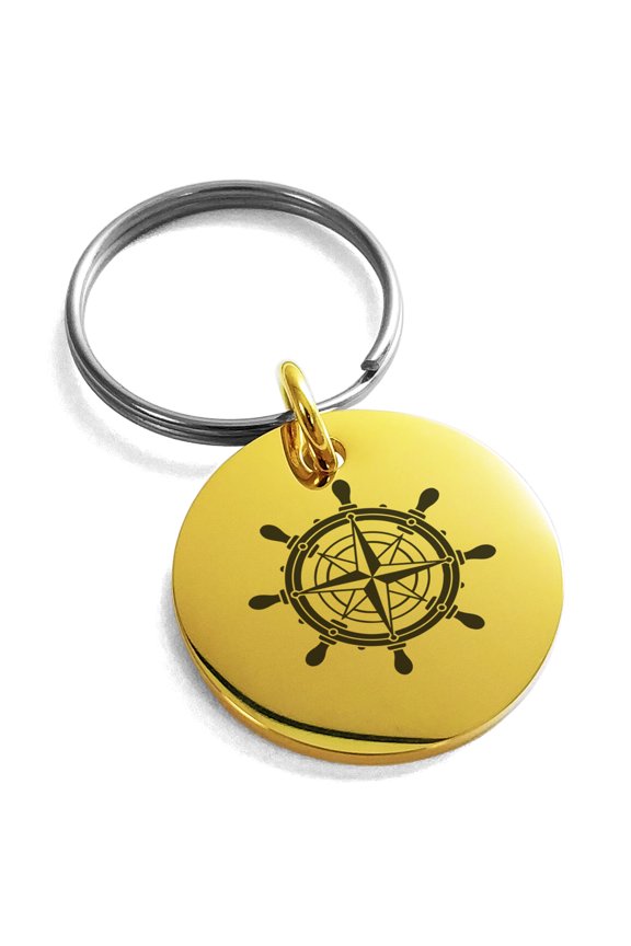 Stainless Steel Nautical Ship Helm Wheel Compass Engraved Small Medallion Circle Charm Keychain Keyring