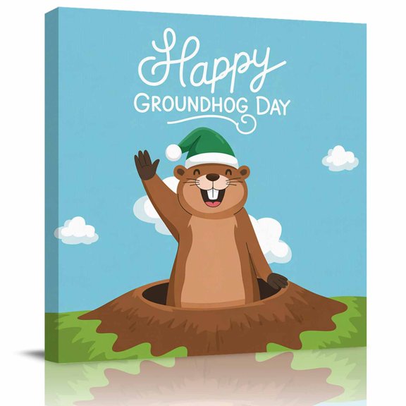 Happy Groundhog Day Framed Canvas Wall Art, Cartoon Green Hat Groundhog Blue Sky Wall Art Painting for Living Room Bedroom Home Decor, 12”x12”, Office Artwork Print