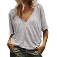 thumbnail image 1 of MPWEGNP T-Shirt Mode Décontracté à Manches Courtes Col en V Profond pour Femmes Gris m, 1 of 4