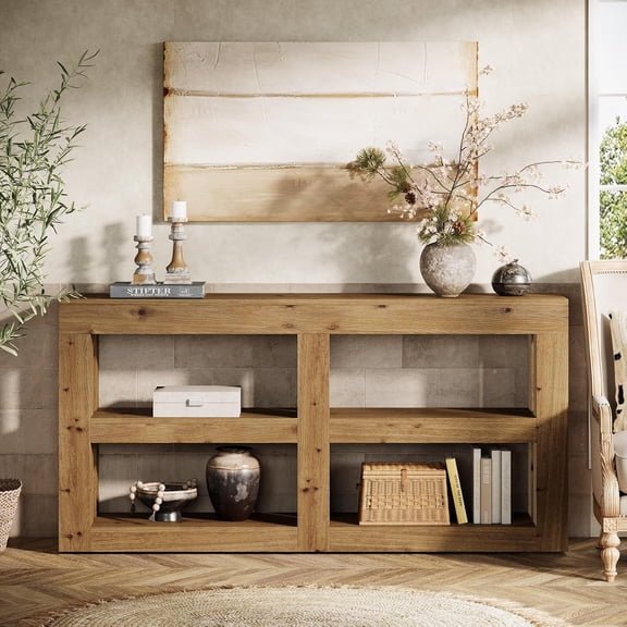 Tribesigns 3-Tier Console Table with Storage, 63" Entryway Table Solid Wood for Living Room, Hallway, Foyer, Oak