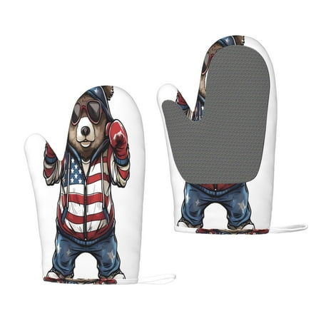

Junzan Patriotic Boxing Bear Art for Oven Mitts 2 Piece Set BBQ Gloves Grilling Gloves Heat Resistant Oven Gloves Kitchen Silicone Oven Mitts for Barbecue/Cooking/Baking