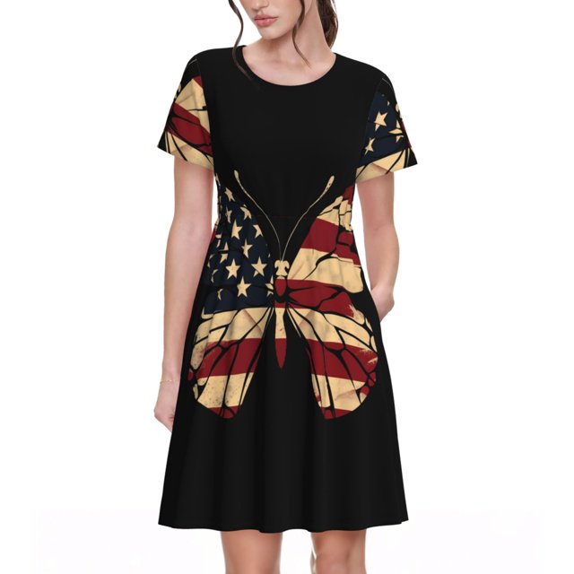 Daiia Robe Imprimée Art Papillon USA Patriotique pour Femmes 2025 Tendance Manches Courtes Robes Décontractées Amples Fluides Maxi Robes d'Été