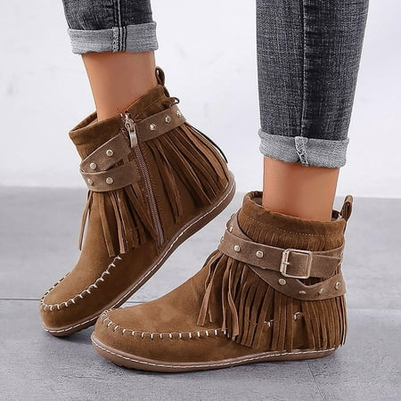 

Special Offers Juebong Women s Round Head Side Zipper Ankle Booties Solid Color Flat Heel Tassel Low Tube Tassel Boot