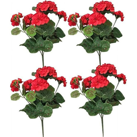 XmhyTop-A 4 Pcs Artificial Geranium Flowers Red Faux Geranium Bush 14.2 Inches Long Fake Silk Flower Plant for Outdoors Planter Indoor Garden Home Decoration
