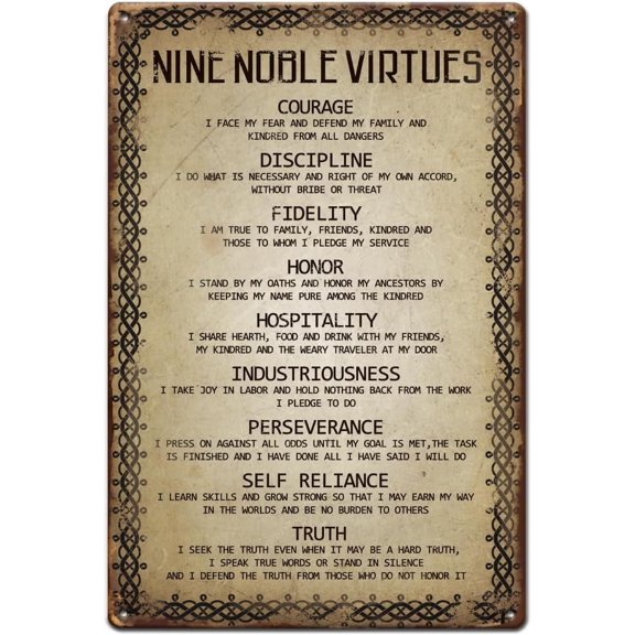 Nine Noble Virtues Tin Signs Funny Metal Sign Vintage Iron Wall Decor Retro Poster for Living Room Bedroom Bars Office Cafe Pubs Home Decorative Plaque Garage Man Cave Decoration