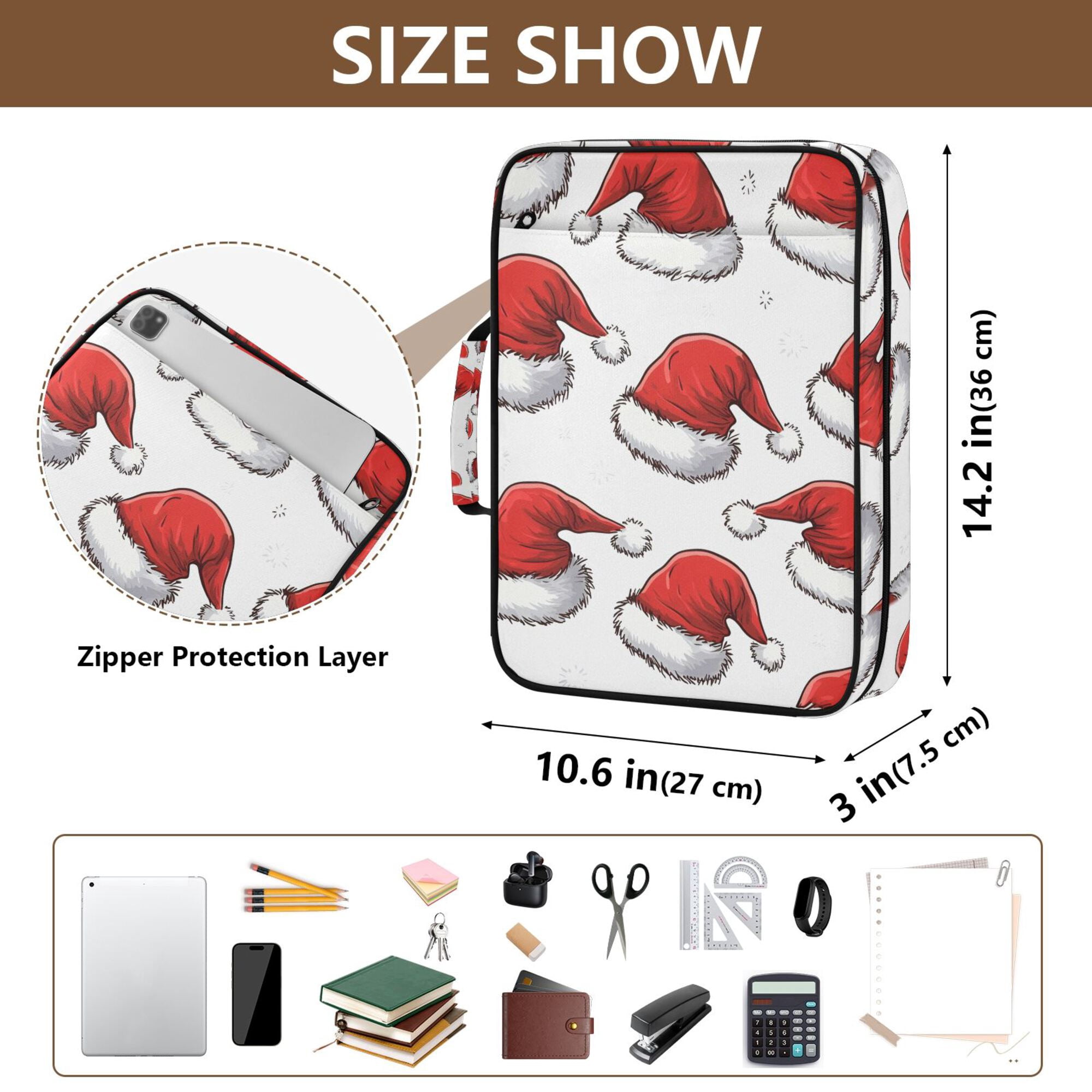 FORMRS Accordion File Folder A4 Size 7-Pocket Expanding Document Organizer Bag with 3 Ring Binder, Red Santa Hats Pattern