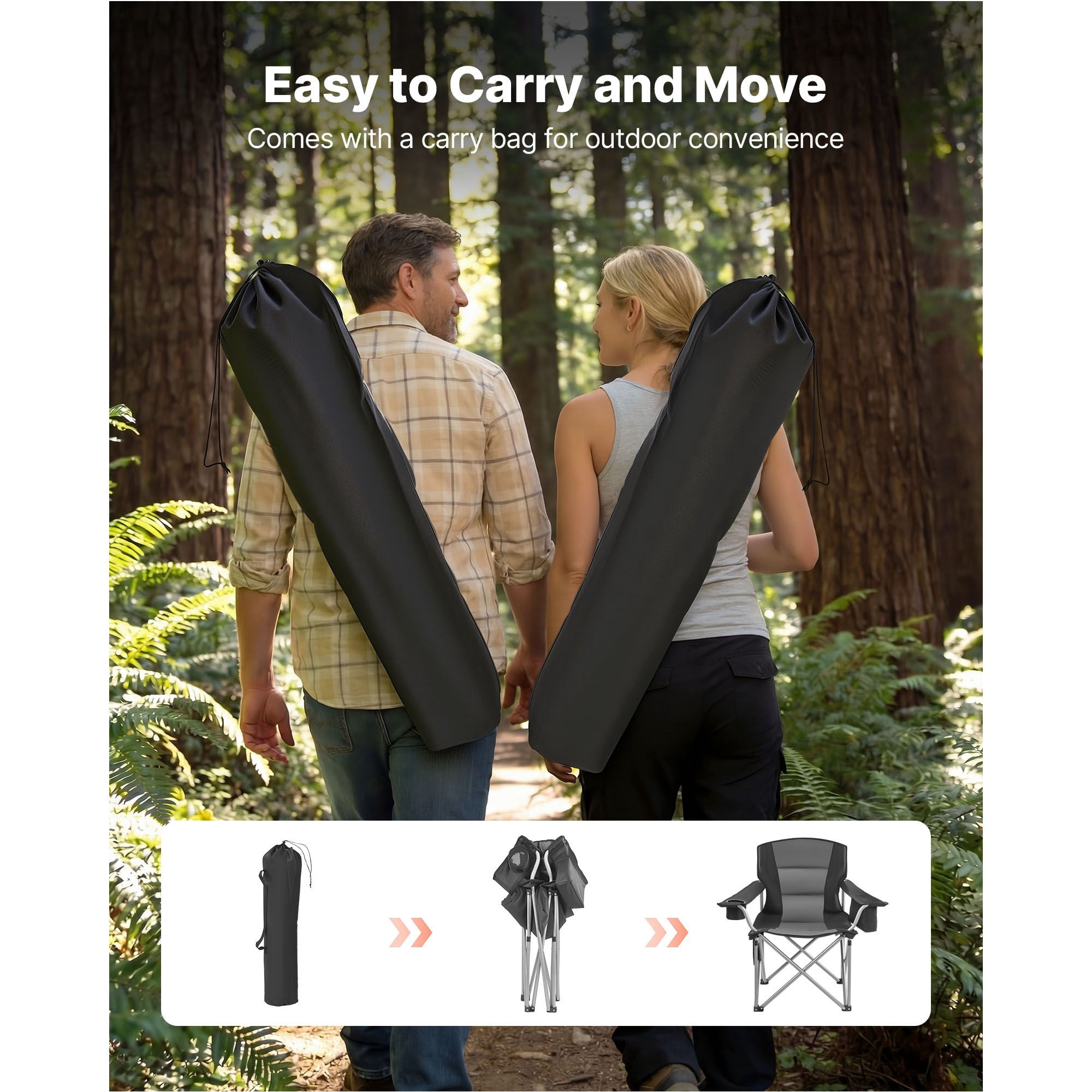 Oversized Camping Chairs, 450 lbs Heavy Duty Support, Portable Folding Camp Chairs with Padded Backrest & Armrests, Cup Holder & Side Pocket, Cooler Bag, Carry Bags for Outdoor, Fishing, 2 Pack