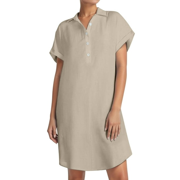 Vestido camisero de manga corta con botones para mujer: túnica informal de color liso, tejido suave y transpirable, versátil para tres estaciones.