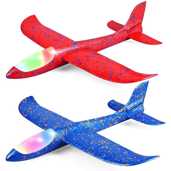 2 Pack LED Light Airplane,17.5" Large Throwing Foam Plane,2 Flight Mode Glider Plane,Flying Toy for Kids,Gifts for 3 4 5 6 7 8 9 Years Old Boy,Outdoor Sport Toys Birthday Party Favors Foam Airplane