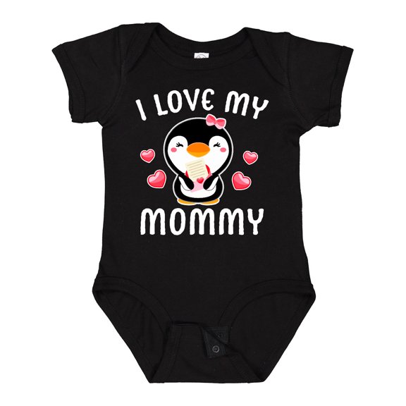 Inktastic I Love My Mommy with Cute Penguin and Hearts Girls Baby Bodysuit