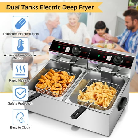 Costway - 3400w Electric Countertop Deep Fryer Dual Tank Commercial Restaurant Steel - Silver