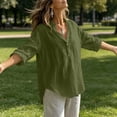 thumbnail image 6 of ClodeEU Women's V Neck 3/4 Sleeve Linen Blend Blouse,Casual Loose Fit Half Button Shirt Army Green,Women's Plus L, 6 of 9