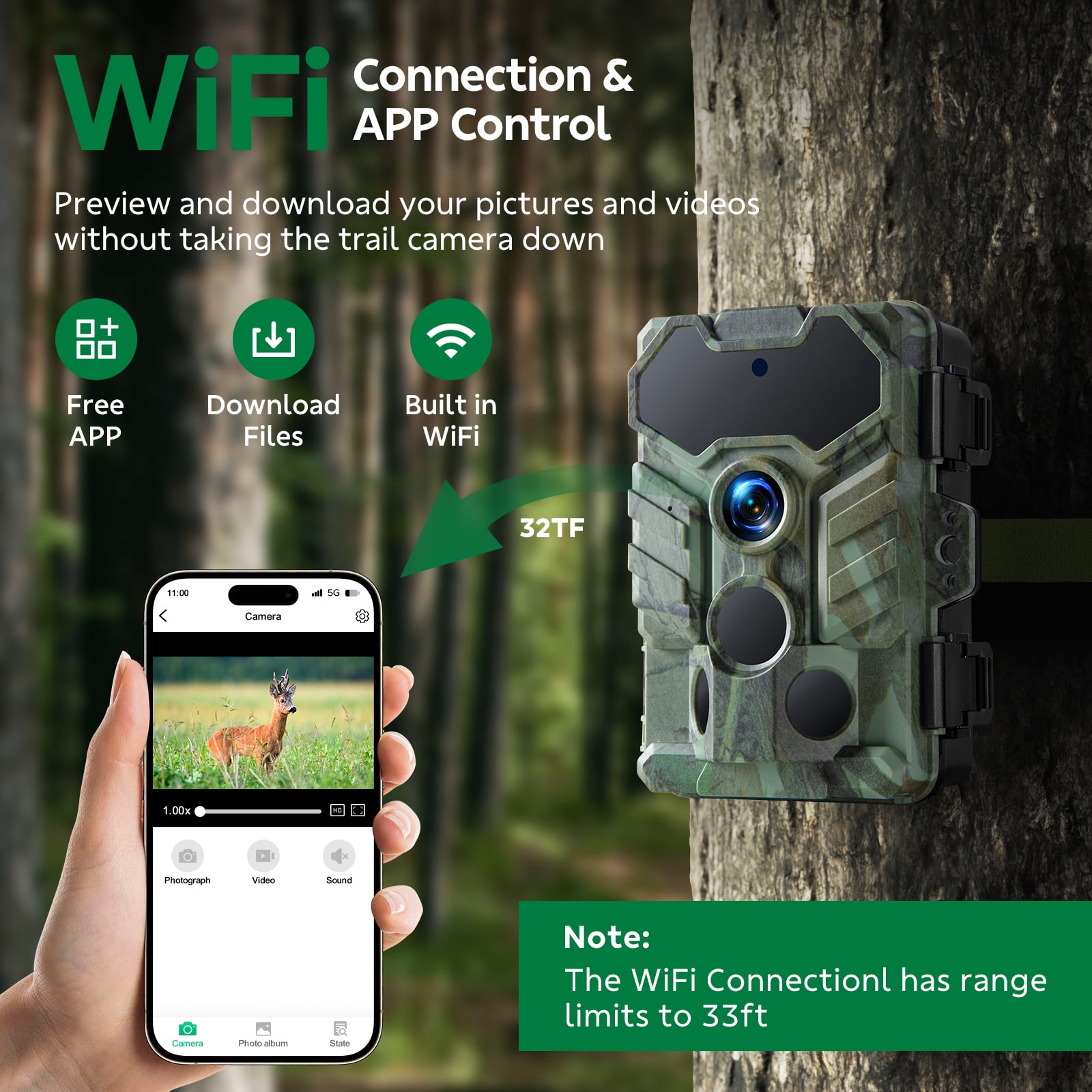 CAMPARK Trail Camera WiFi Bluetooth Game Deer Hunting Camera with Night Vision Waterproof IP66 0.1s Trigger Motion Activated Trail Cam 32MP 1080P 2.4" LCD Wildlife Camera