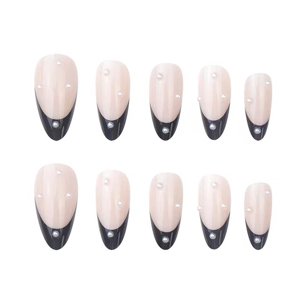UELJZPE French Tip Press on Nails Medium Acrylic Nails with Pearls Black Press on Nails Almond Fake Nails Elegant Stylish French Tip Press On Nails