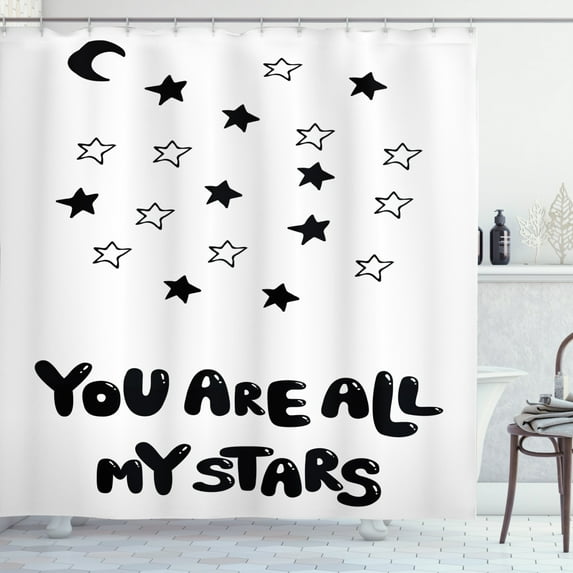 Saying Shower Curtain, You are All My Stars Message with Bubble Letters Crescent Moon and Stars Monochrome, Fabric Bathroom Set with Hooks, 69W X 75L Inches Long, Black White, by Ambesonne