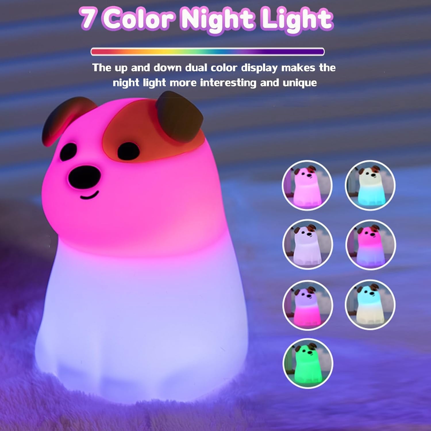 Night Light for Kids, 7 Colors RGB Silicone Puppy Night Light, Rechargeable Dimmable Nursery Lamp with Timer, Cute Kawaii Bedroom Decor Gift for Baby Toddlers Boys Girls