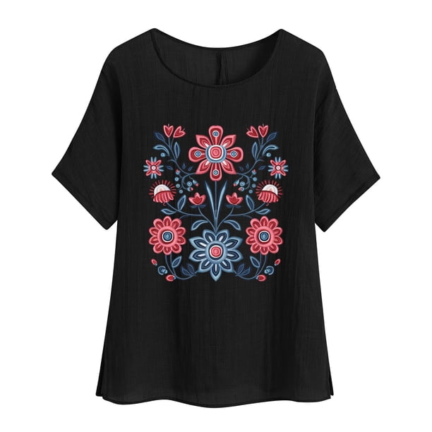 Camiseta de Mujer Camiseta de Manga Corta Impresión Casual Raglan Suelto de Lino Top Blusas, Cuello de la Tripulación