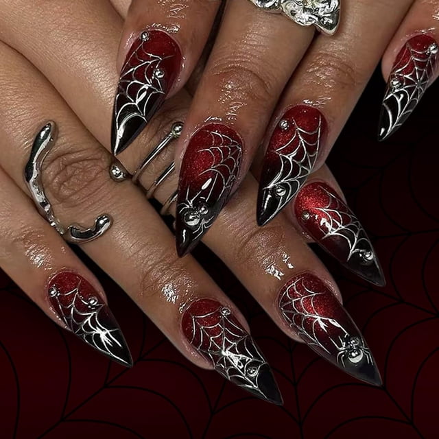 Uñas postizas adhesivas HPYFOI diseño gótico de Halloween con arañas, 24 piezas