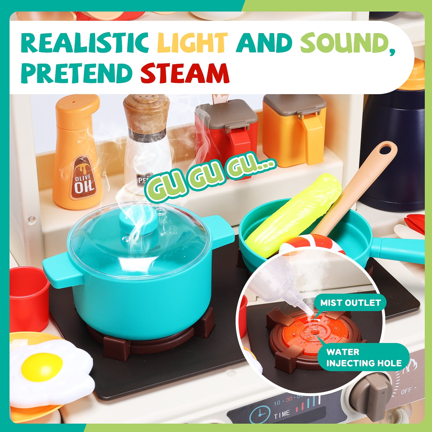 JoyStone 63PCS Kids Kitchen Playset,Play Kitchen Toy with Realistic Lights & Sounds,Pretend Steam, Play Sink & Oven, Menu Board & Other Kitchen Accessories Set for Toddlers