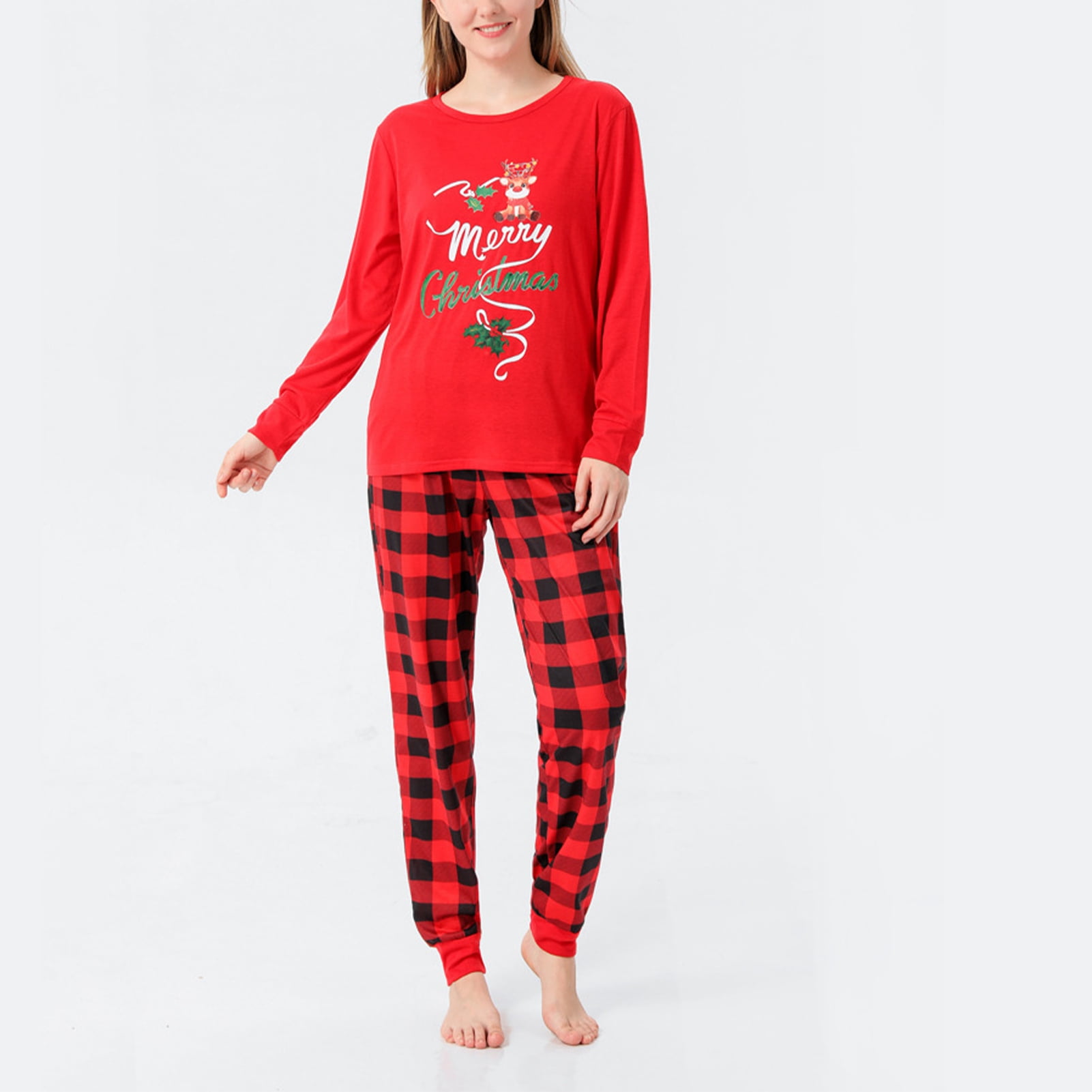 Christmas Family Sleepwear Set Soft Christmas Family Set Color Block Plaid Print Long Sleeves Elastic Waist Loose For Women For Home Christmas Print