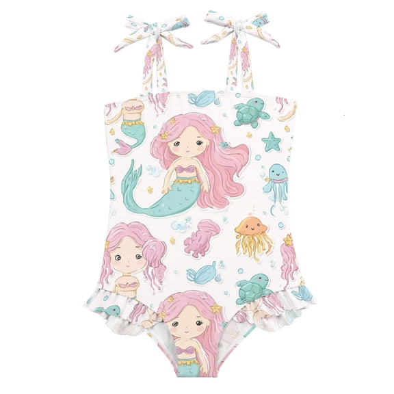 Girls' One-Piece Swimwear Bowknot Strap Swimsuit,Adorable Cartoon Mermaid Printed Teen Swimwear for Resort Beach Water Park 18M