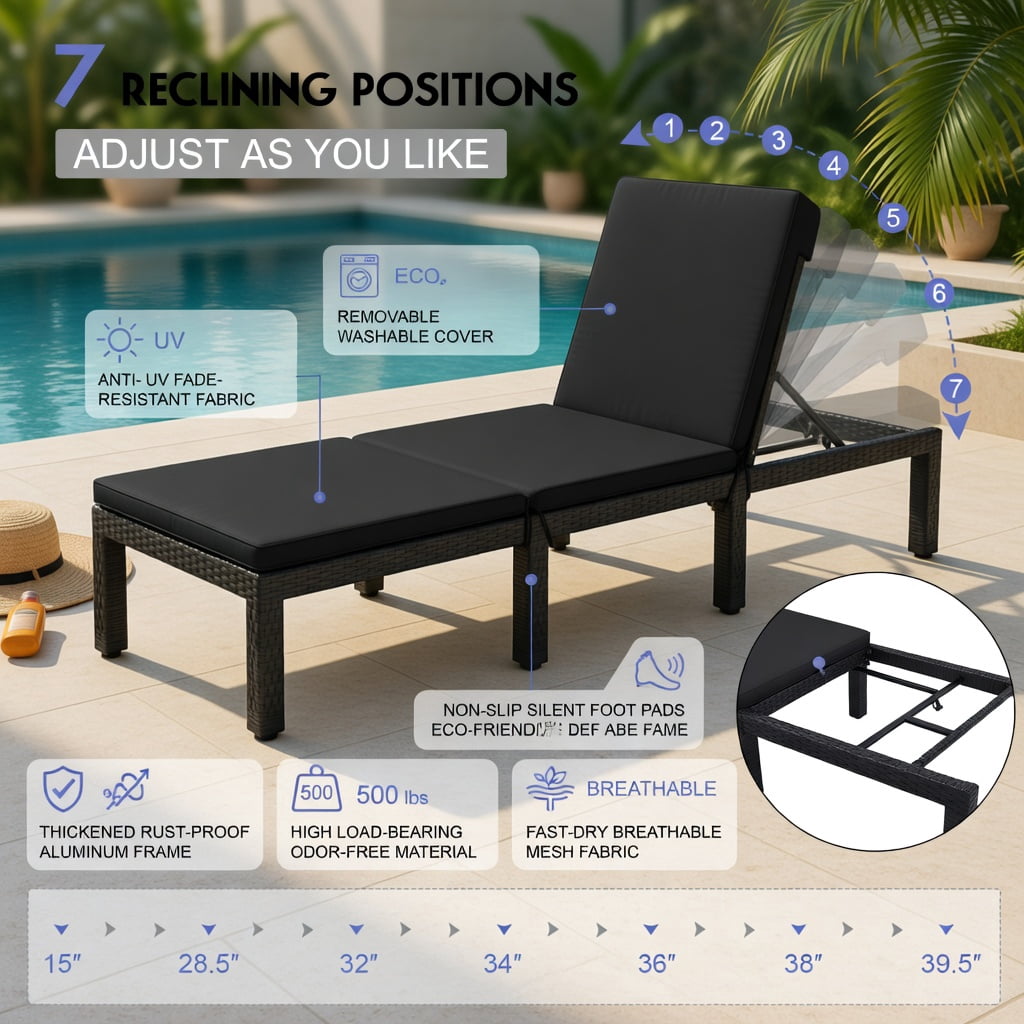 Hommoo Height-Adjustable Outdoor Rattan Lounge Chair with Dual Cushion Covers, PE Wicker Patio Recliner for Poolside, Garden & Porch, Black & Turquoise