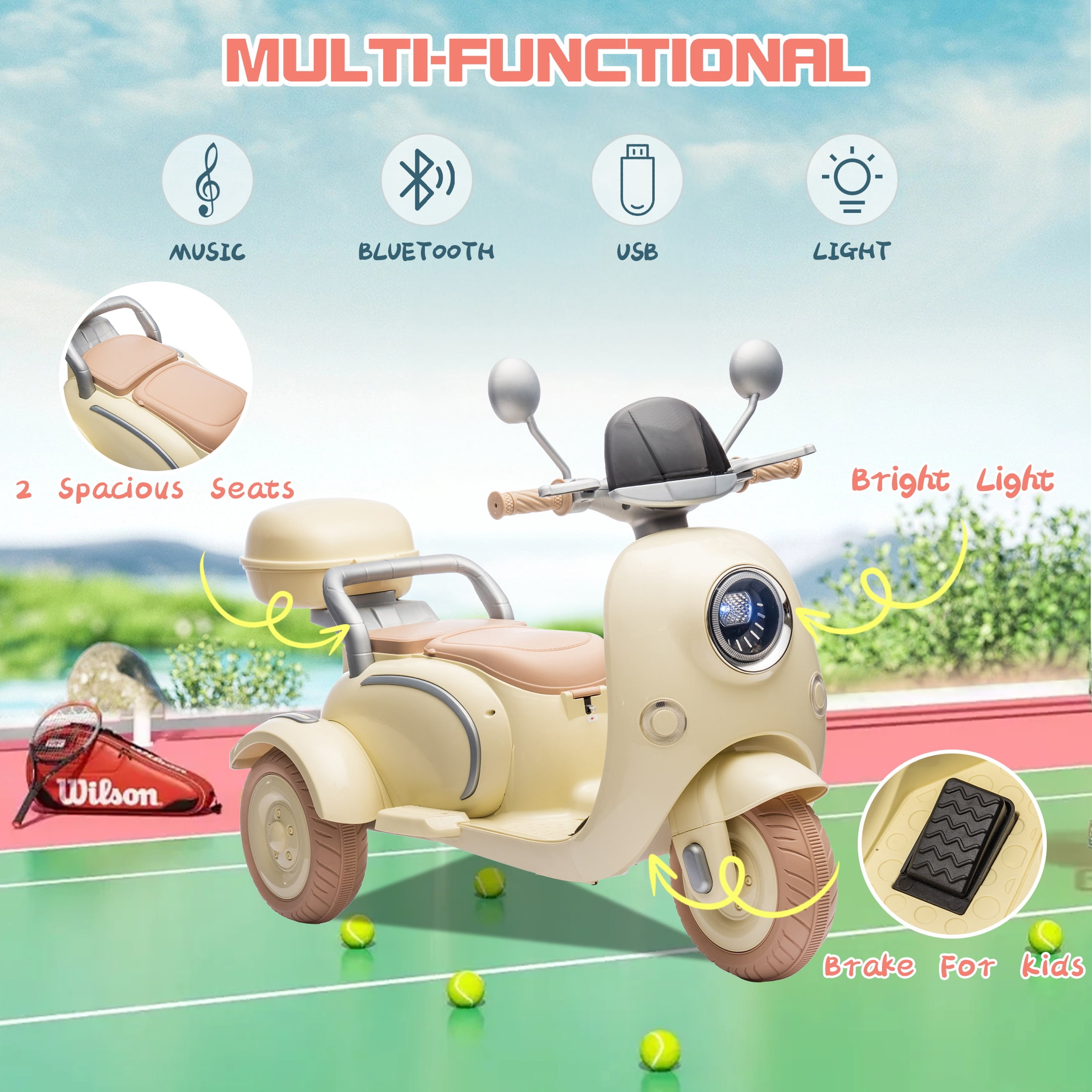 Dvsripa 12V Kids Electric Motorcycle,2 Seater Ride on 3 Wheel Scooter,Multi-function player,USB,Bluetooth,light,Backseat flip adult seat,Oversized Storage Box for kids Aged 3-6,Beige